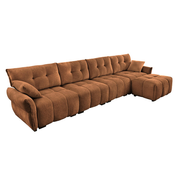 English Elm Modular 4-Seater Sofa With Ottoman - Configurable Chenille Upholstery, Solid Wood Frame, Durable Comfort Burnt Orange W714S01178