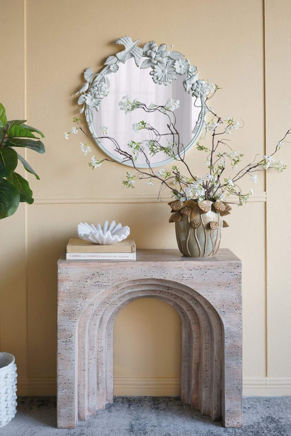English Elm 32.3x14.2x29.9" Arched Sculptural Console Faux Travertine Stone Entryway Table W2078P442934