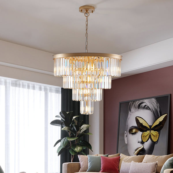 English Elm 24" Modern Crystal Chandelier 4-Tier K9 Crystals French Gold Ceiling Light for Dining Room W2312P368687