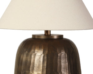 Sunpan PRADIVA Table Lamp - Hand-Hammered Metal Base with Antique Brass Finish, Tapered Linen Shade for Cozy Glow 112231