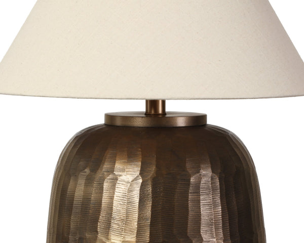 Sunpan PRADIVA Table Lamp - Hand-Hammered Metal Base with Antique Brass Finish, Tapered Linen Shade for Cozy Glow 112231
