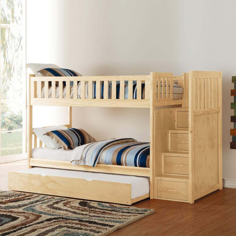 English Elm Twin Over Solid Pine Bunk Bed with Stair Drawers and Safety Guard Rails B011S02431