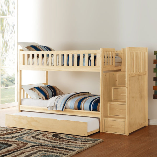 English Elm Twin Over Solid Pine Bunk Bed with Stair Drawers and Safety Guard Rails B011S02431