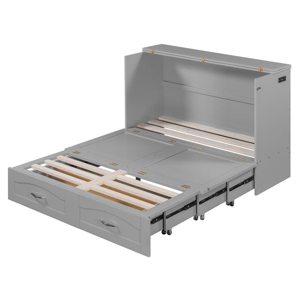 English Elm Full Size Murphy Wall Bed with Storage Drawers Usb Charging Ports and Pulley Mechanism Gray LP100670AAE