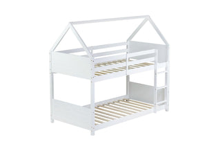 English Elm Twin House-Style Twin Bunk Bed With Safety Guardrails, Ladder & Play Space – White Rubberwood Design W504P227972-GIGA