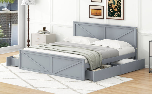 English Elm King Solid Wood Platform Bed with 4 Under-Drawers, Gray King Size Frame, Sturdy Slats, 500lb Capacity SM000537AAE