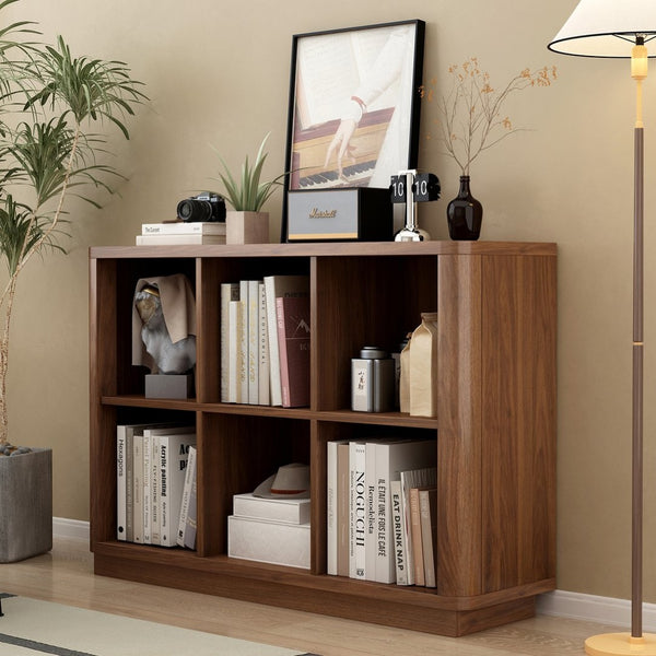 English Elm 6 Cube Farmhouse Bookcase Low Horizontal Wood Shelf Walnut Finish for Living Room W2641P460042