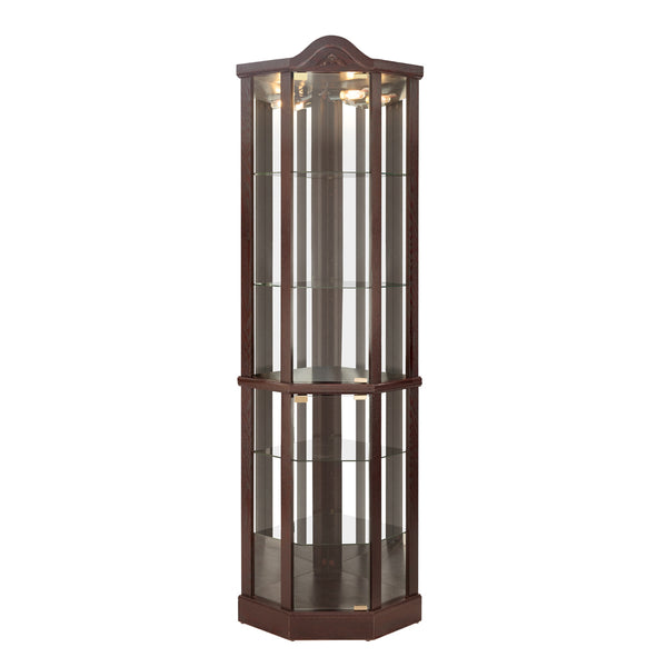 English Elm Lighted Corner Curio Cabinet With Adjustable Shelves, Carved Cherry Finish, Ideal For Home Display W1758P300127