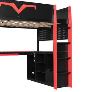 English Elm Full Size Gaming Loft Bed with Desk Rgb Lighting Power Outlet and Storage Drawer Red LT000285AAJ