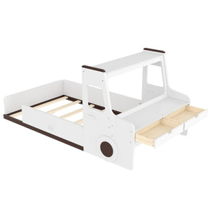 English Elm Twin Car Shaped Floor Bed with Storage Drawers and Built in Desk for Kids W1580P396323