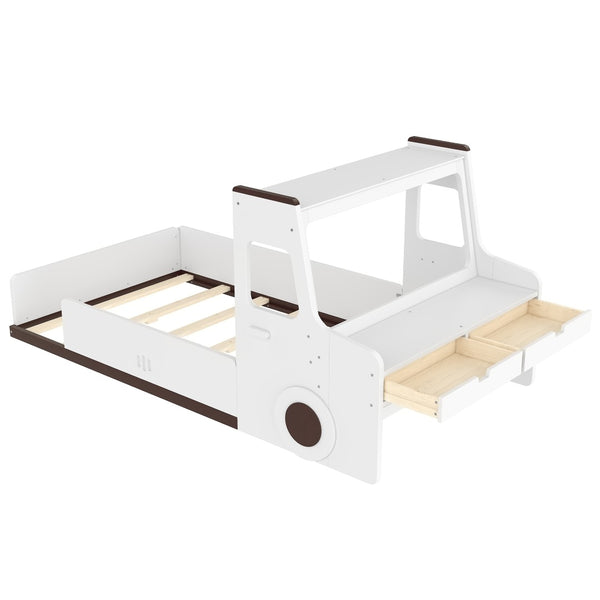English Elm Twin Car Shaped Floor Bed with Storage Drawers and Built in Desk for Kids W1580P396323