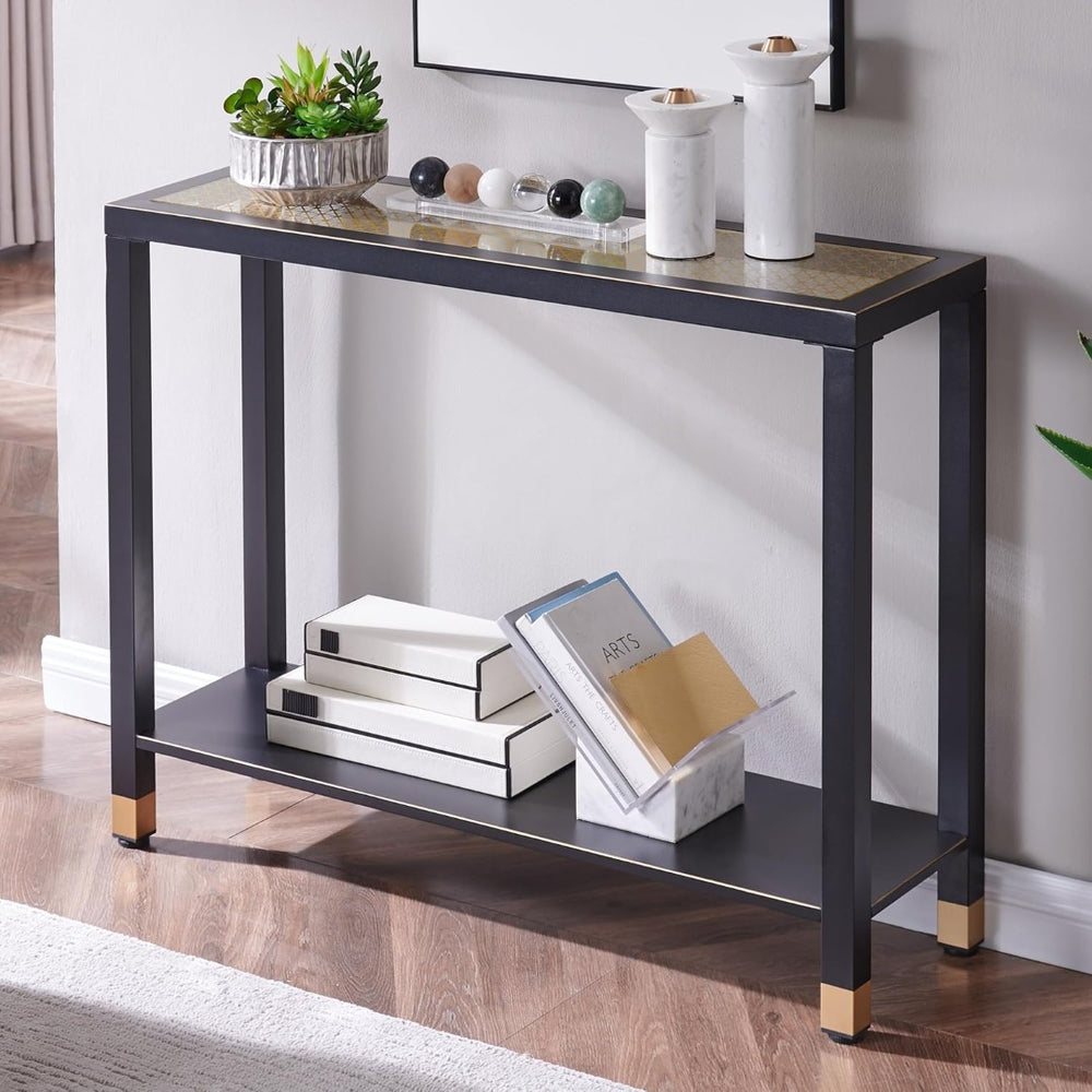 English Elm Glass Console Table Two Tier Tempered Shelf Narrow Foyer Entryway Gold Metallic Frame Black+Gold W3587P456228