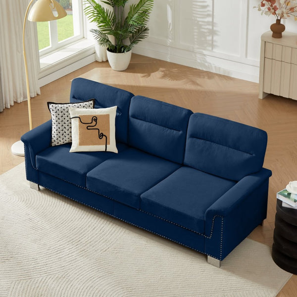 English Elm 82" Chesterfield Snowfleece Upholstered 3-seat Sofa Nailhead Trim Plush Living Room Blue W1359P386025