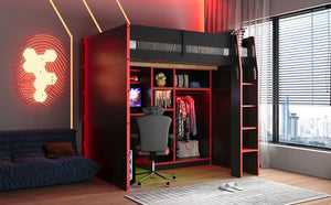 English Elm Full Size Loft Bed with Rgb Lighting Desk Open Wardrobe and Storage for Gaming Rooms Red LT000277AAR