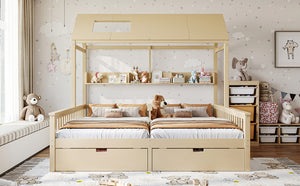 English Elm Double Twin House Bed Pine Wood Frame Kids Playhouse Bunk with Storage Drawers Natural W5305S00007