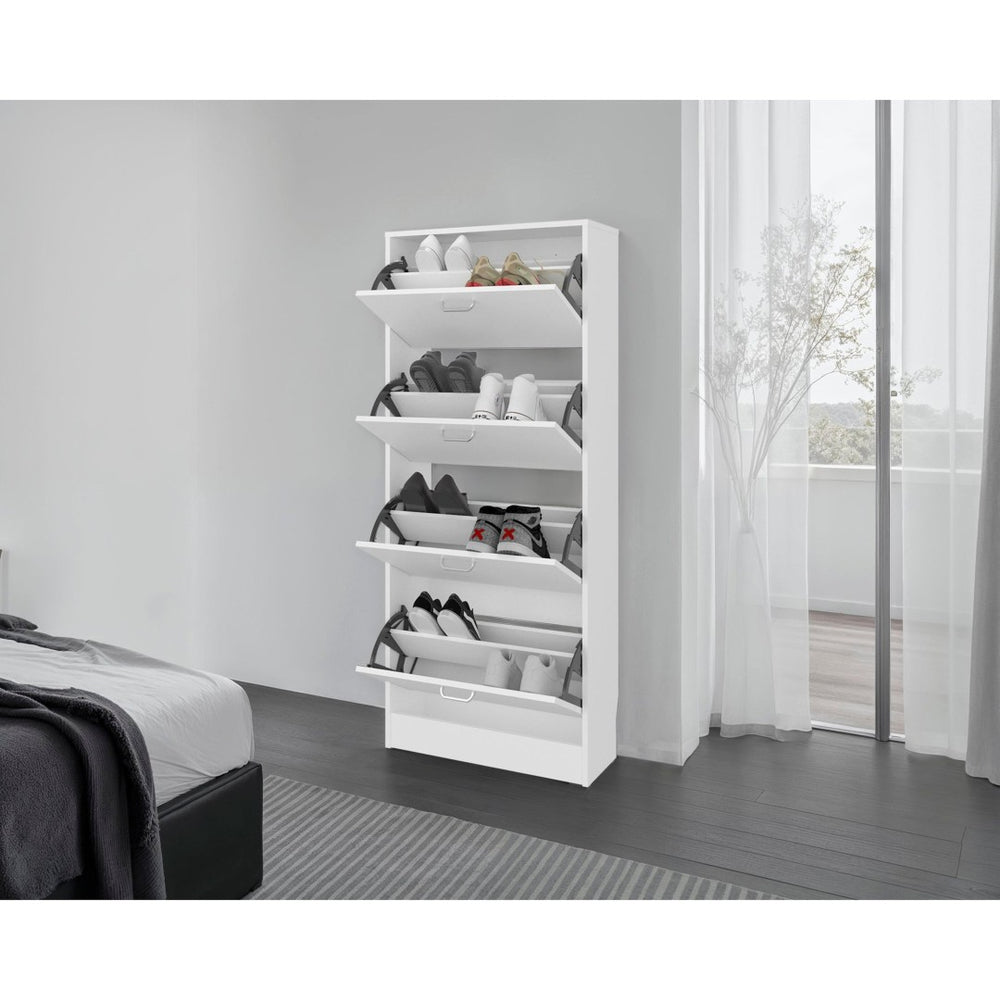English Elm White Slim Vertical Shoe Cabinet Four Doors Entryway Storage Melamine Finish B062P486515