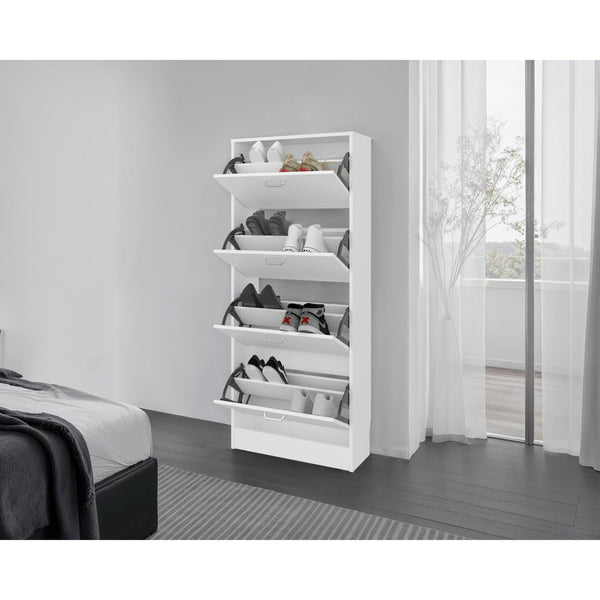 English Elm White Slim Vertical Shoe Cabinet Four Doors Entryway Storage Melamine Finish B062P486515