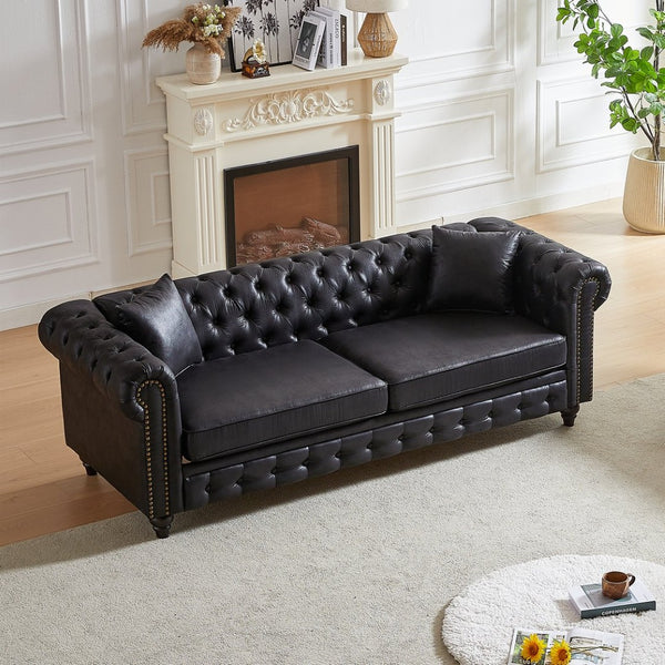 English Elm Fx Chesterfield Sofa Hand Tufted Tech Fabric Three Seat Living Room Couch Black W1926S00109