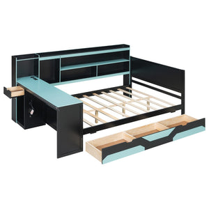 English Elm Full Size Gaming Bed Frame with Desk Led Lights Storage Drawers and Charging Station Black+Blue LP000289AAC