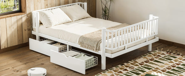 English Elm Full Size Metal Platform Storage Bed Low Profile Steel Frame with Built-in Drawers Light White W5305P471351