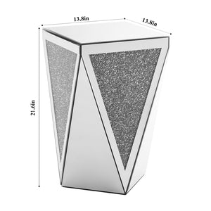 English Elm Inverted mirrored triangular accent table with crystal diamond inlay, compact elegant silver side table W1005P189513