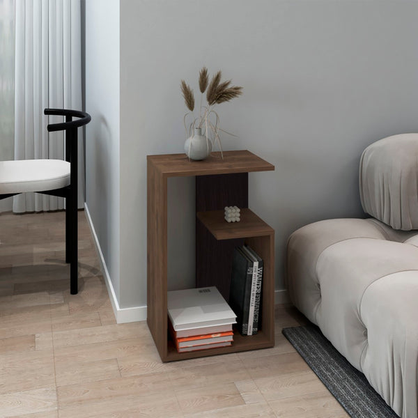 English Elm Side Table – 25" H Dark Oak Minimalist Design With 2 Open Shelves For Stylish Storage & Display B097P296867-GIGA