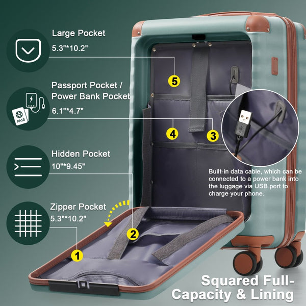 English Elm Luggage 5 Piece Abs Hardshell Travel Set with Usb Port Spinner Wheels and Tsa Lock Antique Blue Green N732P265290M