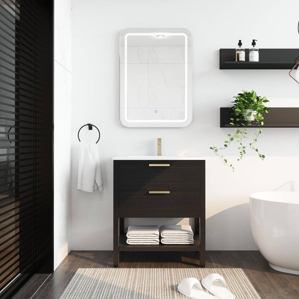English Elm 30 inch Freestanding Bathroom Vanity with Ceramic Sink, 2 Soft-Close Drawers, Golden Metal Handles, Sturdy Legs, Easy Install — Durable Storage & Elegant Finish W999S00121