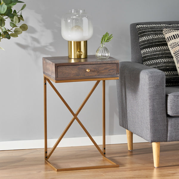 English Elm Christopher Knight Home® - END C-Shape End Table with Drawer in Dark Brown Acacia Wood & Gold Metal Legs — Rustic Glam Accent (97) 68743.00