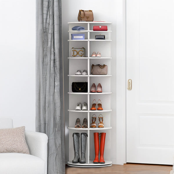 English Elm 8 Tier Rotating Shoe Rack Tower - 360° Spinning Organizer Holds 28 Pairs, Sturdy PVC Space-Saver White W2641P303444