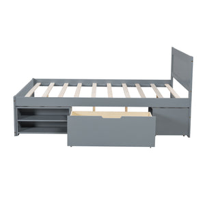 English Elm Full Size Platform Bed with Storage Drawers & Shelves, Gray MDF Construction, 400lb Capacity, Sturdy Design N709P214183E