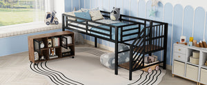 English Elm Twin Metal Loft Bed with Stairs and Six Storage Cubbies, Sturdy Metal Slat Support, Safe Low Design for Kids Black 75.2 L x 17.72 W x 9.45 H W2593P305749