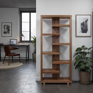 English Elm Laurel Canyon 80" Bookcase — Oak solids & veneers, six alternating shelves, rustic-modern display piece ready Brown B108P292286