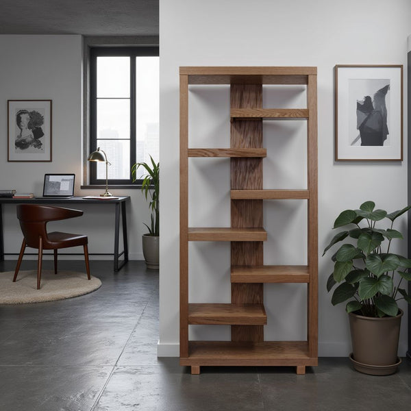 English Elm Laurel Canyon 80" Bookcase — Oak solids & veneers, six alternating shelves, rustic-modern display piece ready Brown B108P292286