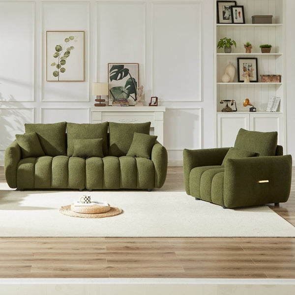 English Elm 3 Plus 1 Seater Teddy Fleece Sofa Set Wooden Frame Foam Spring Living Room Pair Green W1193S00187