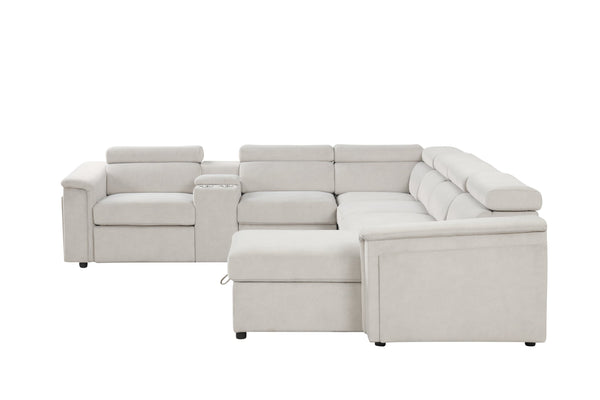 English Elm Harvey Modern power recliner sectional with sleeper, storage chaise, adjustable headrests & cupholders Beige B009S02145