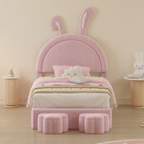 English Elm Twin Size Upholstered Rabbit-Shape Bed With 2 Storage Stools, Velvet Platform Bed With Cartoon Ears Shaped Headboard, Pink