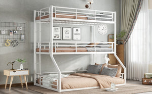 English Elm Twin Triple Metal Bunk Bed Matte Powder Coated Frame with Full Safety Guardrails Light White W1580S00585