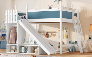 English Elm Twin Loft Bed Solid Pine Frame with Wardrobe Shelving Detachable Slide Kids Room White+Blue W5305S00024