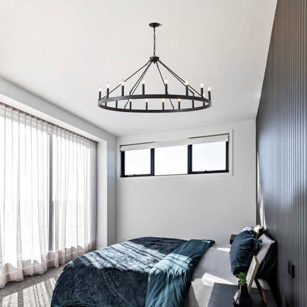 English Elm 53.15 Inch Wagon Wheel Chandelier Matte Black 18 Light Farmhouse Industrial Large Room W5008P389053