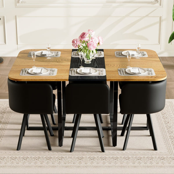 English Elm 7-piece Modern Dining Set with Two-tone Wood Table and Six Black Pu Leather Chairs W3875S00123