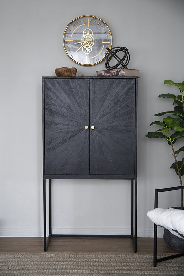 English Elm 31.5x16.5x60" Cabinet Black - Sleek Iron Base Accent Storage with Dual Doors, Versatile Display Pedestal W2078P293320