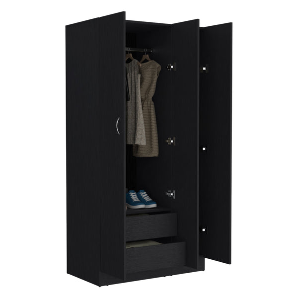 English Elm Ohio Armoire Spacious 3-Door Wardrobe with 2 Drawers, 4-Tier Shelves, Hanging Rods & Metal Handles Black 74 L x 23 W x 2 H B200S00290