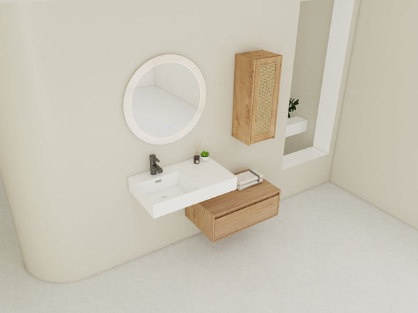English Elm 30 Inch Wall-Mounted Bathroom Vanity With Soft-Close Drawer & Resin Sink, Space-Saving Design W999S00348