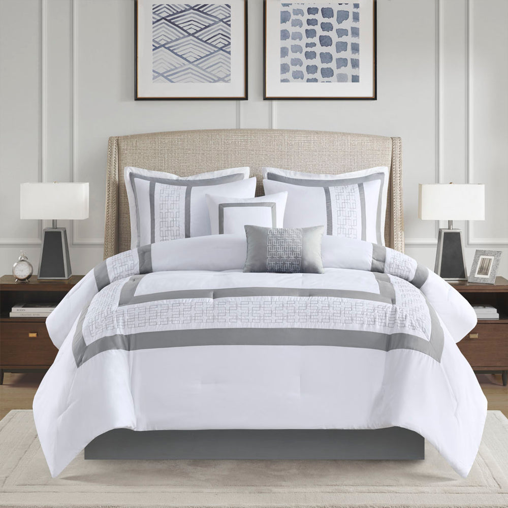 JLA Home 510 Design - 8 Piece Embroidered Comforter Set — Hotel-Inspired White & Grey Bedding, Hypoallergenic, Machine Washable, Layered Texture Elegance 5DS10-0282
