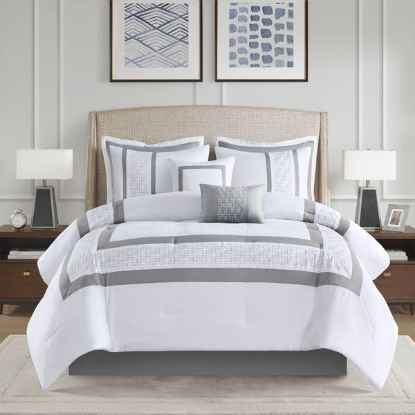 JLA Home 510 Design - 8 Embroidered Comforter Set with Hotel-Inspired Stitching, Hypoallergenic Fill, Machine Washable Elegance White 5DS10-0280