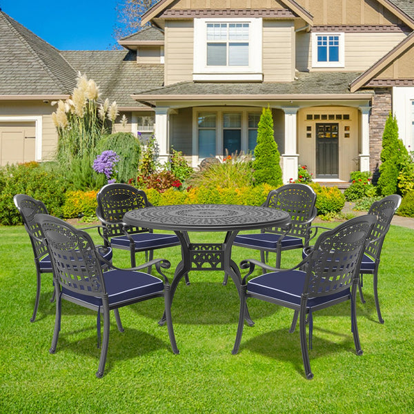 English Elm 7-Piece Cast Aluminum Patio Set With Blue Cushions - Stylish, Durable, And Easy To Maintain Outdoors W1710S00487