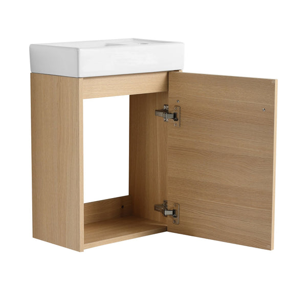 English Elm 16'' Floating Wall-Mounted Bathroom Vanity with Ceramic Basin, Soft-Close Door, Water-Resist Finish Light Oak W999P236336