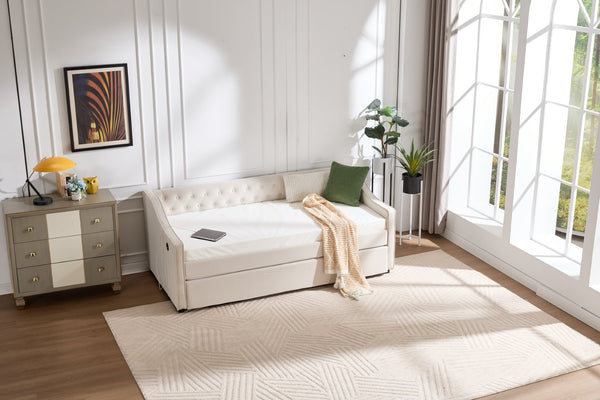 English Elm Twin Velvet Daybed with Pull Out Trundle Tufted Back Usb Port and Side Pockets Beige W1361S00035
