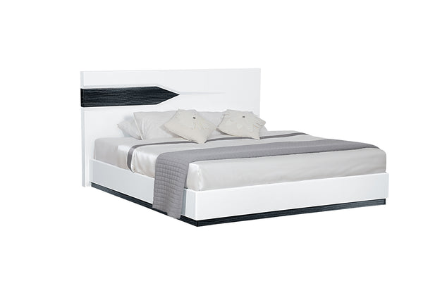 English Elm VIOS ZEBRA WHITE KING BED with Zebrano Accent, Low-Profile Contemporary Solid Wood Frame, Gloss Finish White+Black 68.7 L x 4.92 W x 47.83 H B201S00035